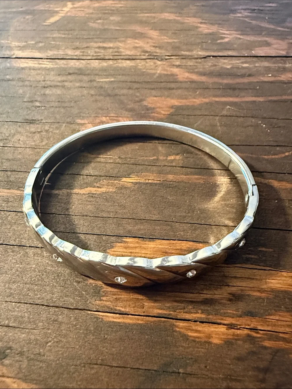 Silver 316L Stainless Steel Twisted Bangle Bracelet with Rhinestones